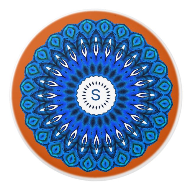 Blue Mandala on Dark Peach with Initial Drawer Ceramic Knob (Front)