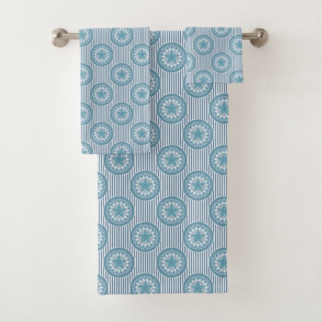 Blue mandala pattern on striped background bath towel set (Insitu)