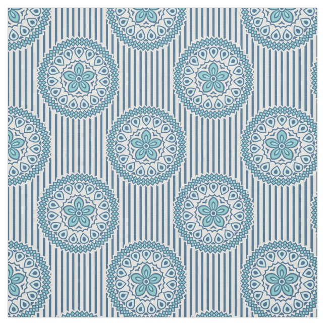 Blue mandala pattern on striped background fabric (Swatch)