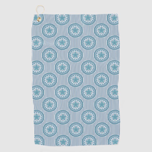 Blue mandala pattern on striped background golf towel (Front)