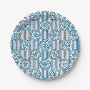 Blue mandala pattern on striped background paper plate