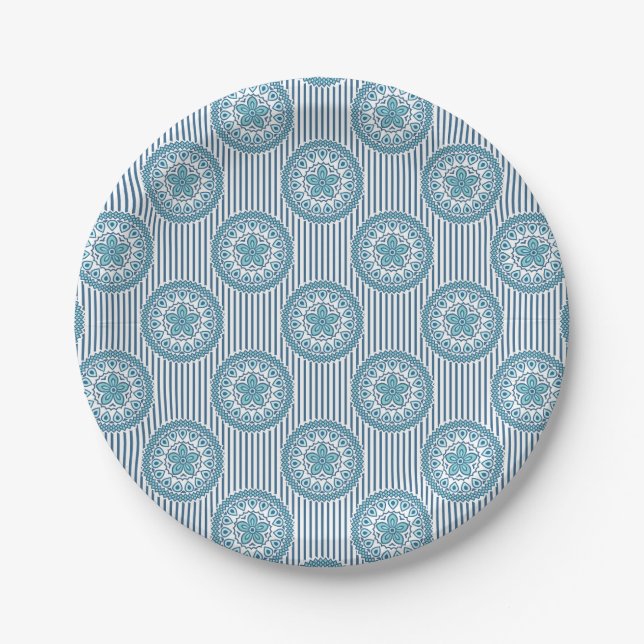 Blue mandala pattern on striped background paper plate (Front)