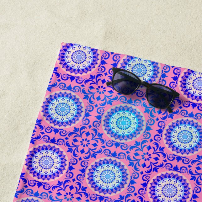 Blue Mandala Pattern Pink Boho Beach Towel (In Situ)
