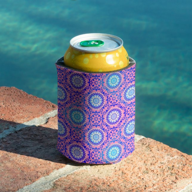 Blue Mandala Pattern Pink Boho  Can Cooler (In Situ Pool)