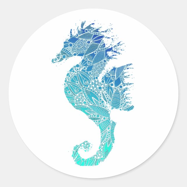 Blue Mandala Pattern Seahorse Classic Round Sticker (Front)