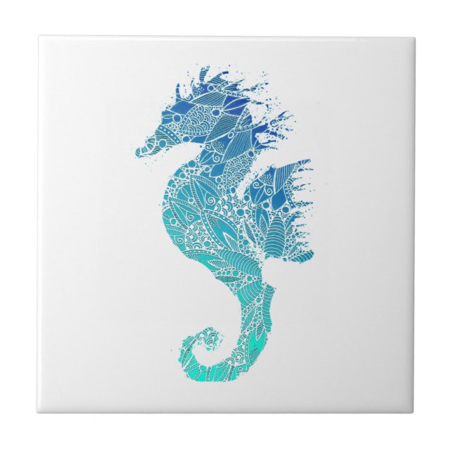 Blue Mandala Seahorse Ceramic Tile (Front)