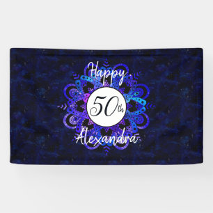 Blue Mandala Space Stars Boho 50th Birthday Party Banner