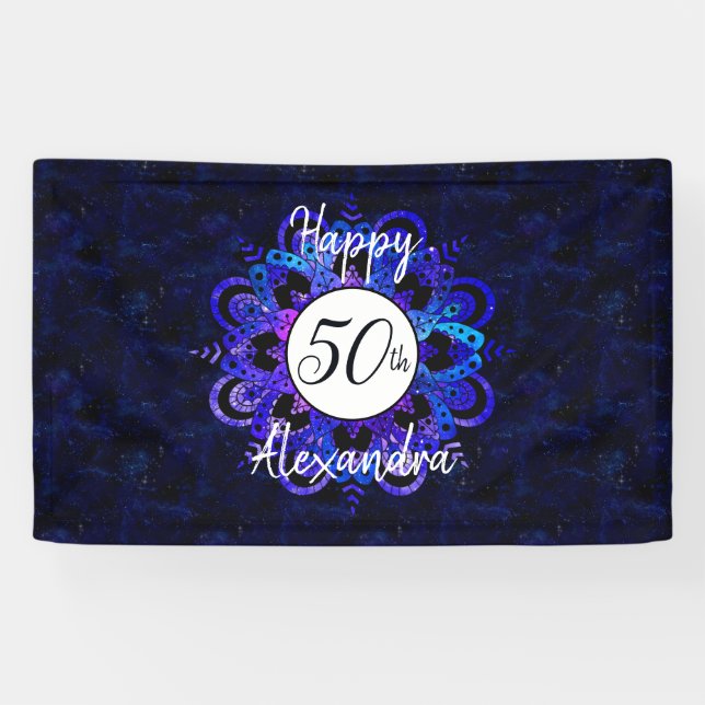 Blue Mandala Space Stars Boho 50th Birthday Party Banner (Horizontal)