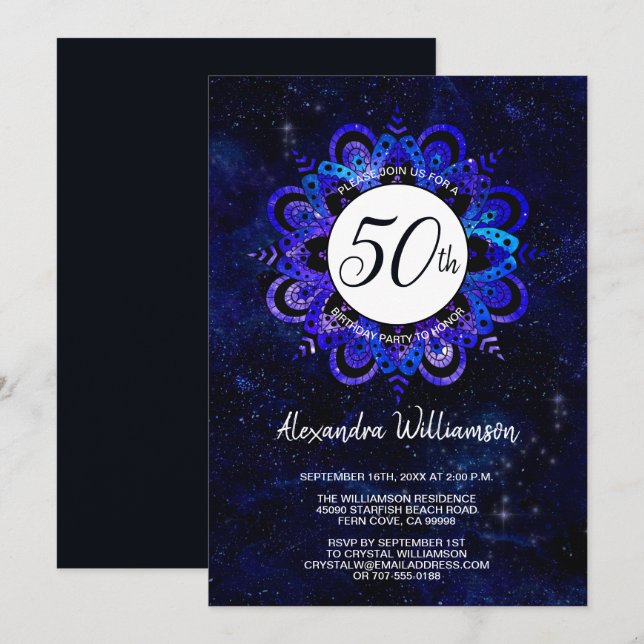 Blue Mandala Space Stars Boho 50th Birthday Party Invitation (Front/Back)