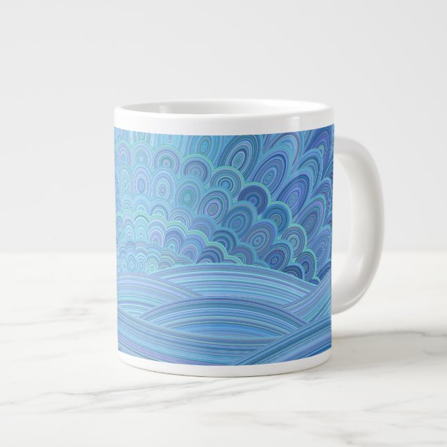 Blue Mandala Sunset at the Ocean Large Coffee Mug (Front Right)