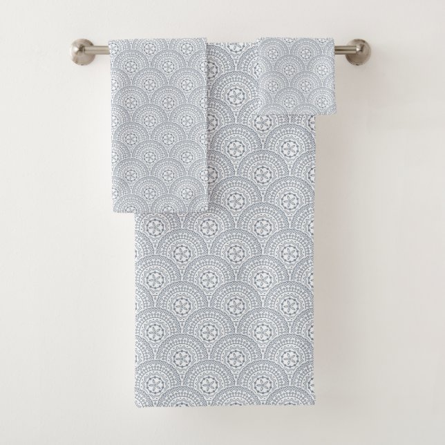 Blue mandala waves pattern on white background bath towel set (Insitu)