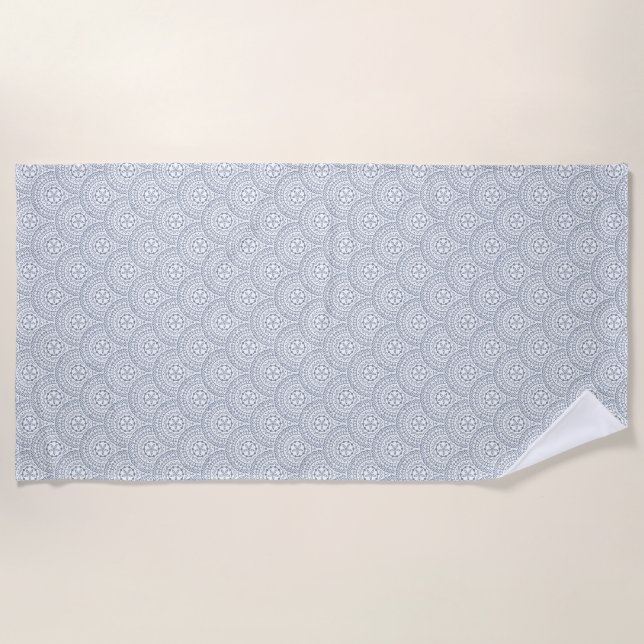 Blue mandala waves pattern on white background beach towel (Front)