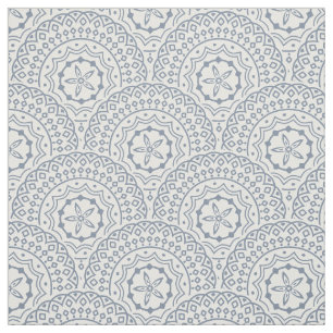 Blue mandala waves pattern on white background fabric