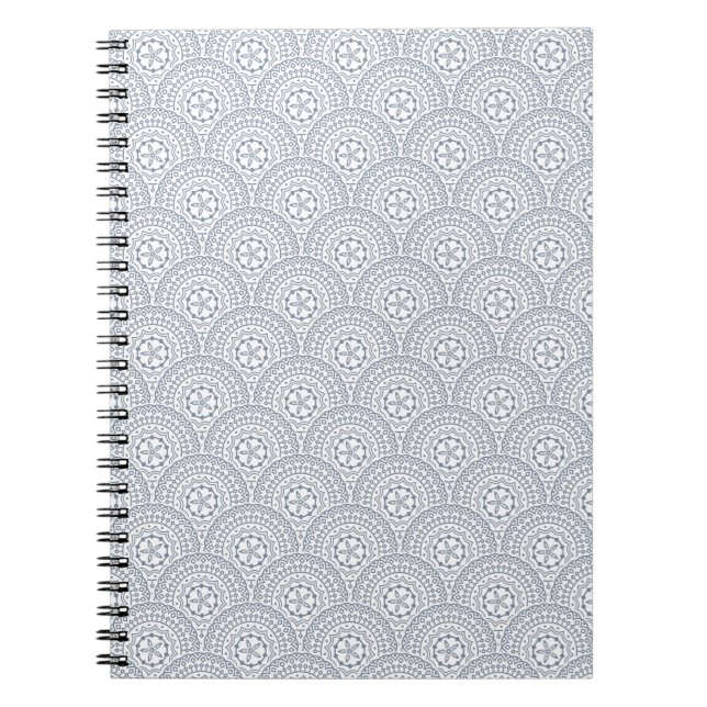 Blue mandala waves pattern on white background notebook (Front)