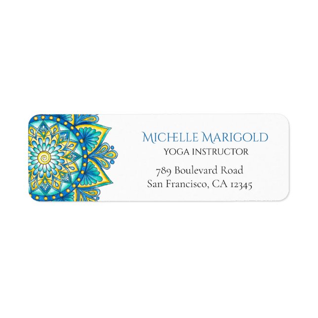 Blue Mandala Yellow Floral Return Address Label (Front)
