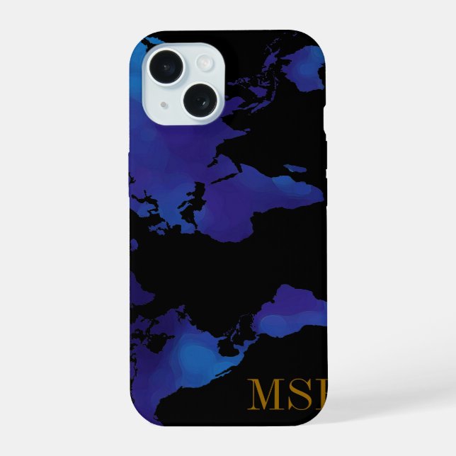 Blue Map of World with Initials iPhone 15 Case (Back)