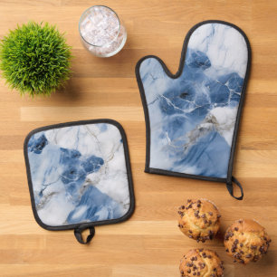 blue marble abstract coastal pattern oven mitt & pot holder set
