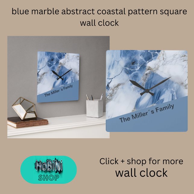 blue marble abstract coastal pattern square wall clock (blue marble abstract coastal pattern square wall clock)