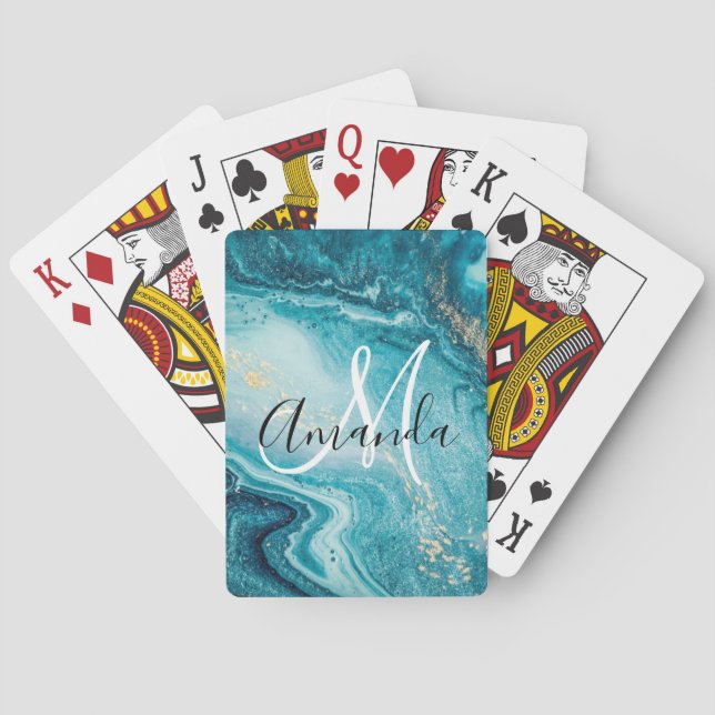 Blue Marble Abstract Monogram  Playing Cards (Back)