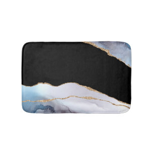Blue Marble Agate Black Golden Glitter Accents Bath Mat