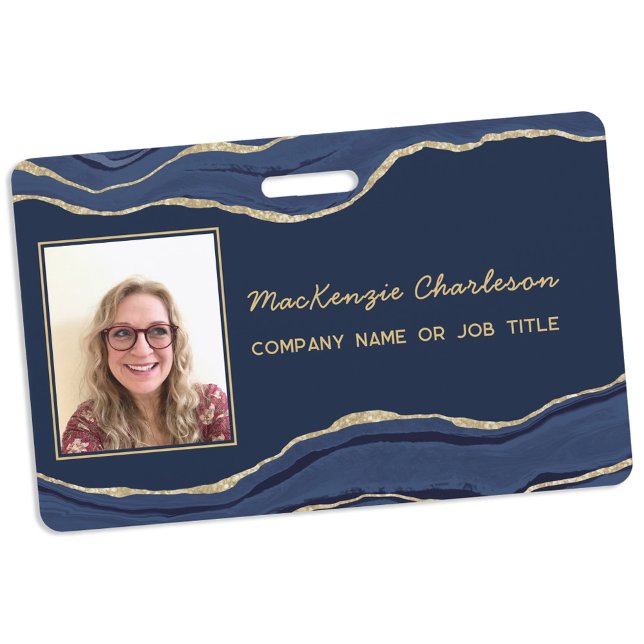 Blue Marble Agate Geode Business Photo ID Name ID Badge (Navy blue gold agate marble geode business photo name tag)