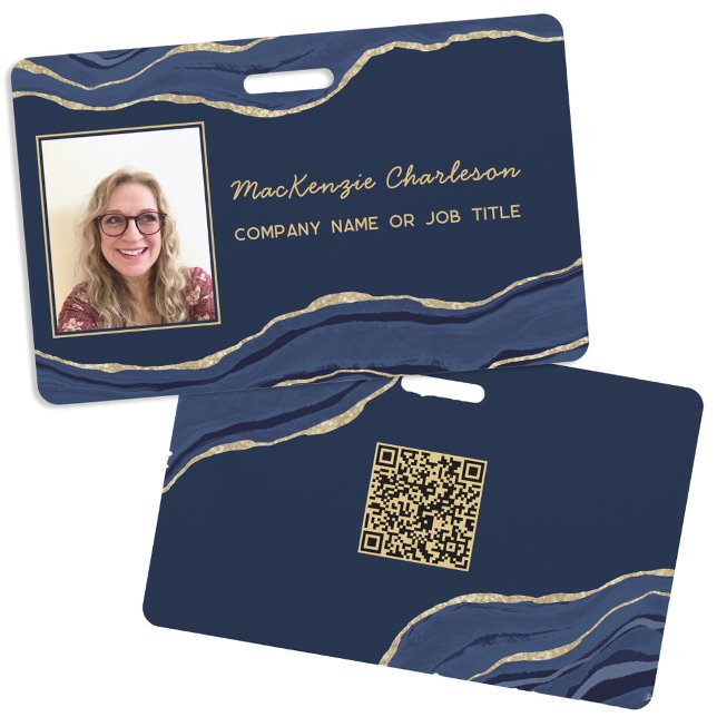 Blue Marble Agate Geode QR Code Photo ID Name Badge (Navy blue gold agate marble geode script QR code business photo name id badge)