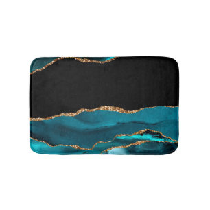 Blue Marble Agate Glamourous Black Golden Glitters Bath Mat