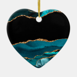 Blue Marble Agate Glamourous Black Golden Glitters Ceramic Ornament
