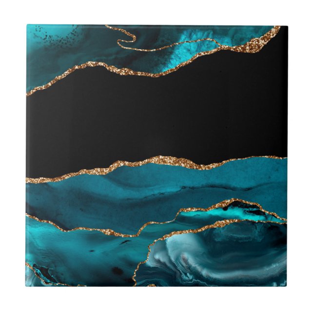 Blue Marble Agate Glamourous Black Golden Glitters Ceramic Tile (Front)