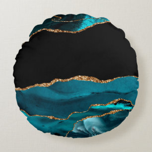 Blue Marble Agate Glamourous Black Golden Glitters Round Cushion