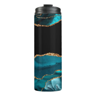 Blue Marble Agate Glamourous Black Golden Glitters Thermal Tumbler