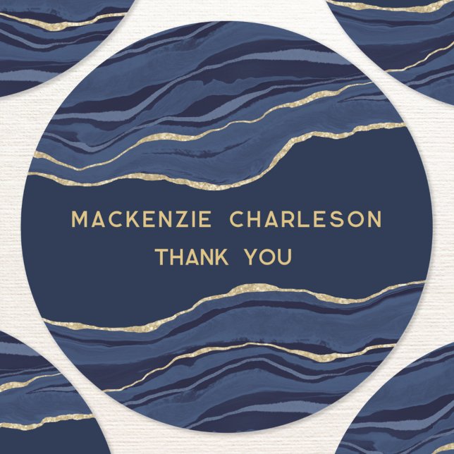 Blue Marble Agate Gold Geode Thank You Business Classic Round Sticker (Navy blue marble agate geode gold personalized thank you stickers)