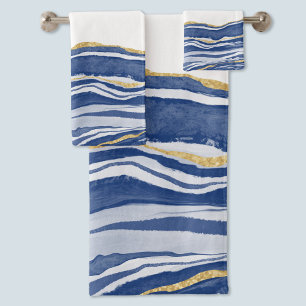 Blue Marble Agate Gold Glitter Bath Towel Set