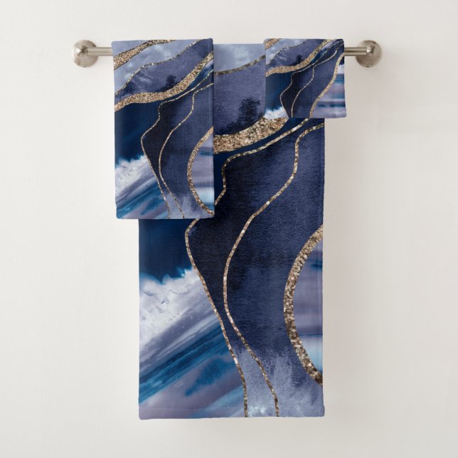 Blue Marble Agate Gold Glitter Glam #1  Bath Towel Set (Insitu)