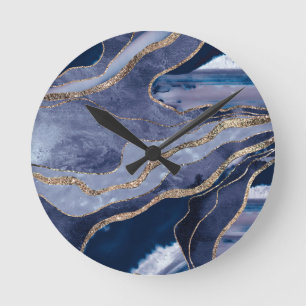 Blue Marble Agate Gold Glitter Glam #1  Round Clock
