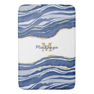 Blue Marble Agate Gold Glitter Monogram Bath Mat