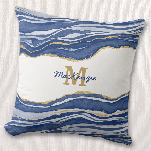Blue Marble Agate Gold Glitter Monogram Cushion (Creator Uploaded)