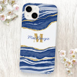 Blue Marble Agate Gold Glitter Monogram Name Case-Mate iPhone 14 Case<br><div class="desc">Indigo blue watercolor agate marble design with faux gold glitter detail.  Change the name and monogram Initial to customise.</div>