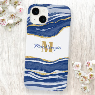 Blue Marble Agate Gold Glitter Monogram Name Case-Mate iPhone 14 Case
