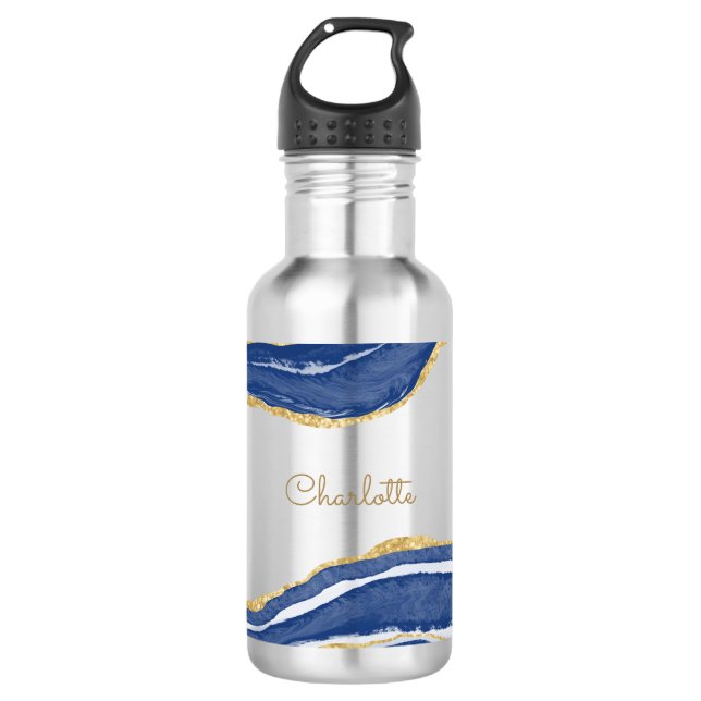 Blue Marble Agate Gold Glitter Personalised 710 Ml Water Bottle (Front)