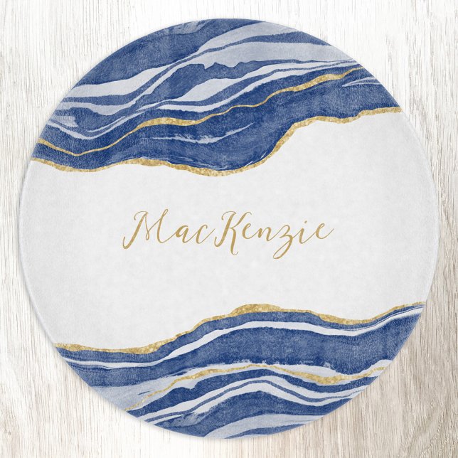Blue Marble Agate Gold Glitter Personalised Cutting Board (Blue watercolor agate marble with faux gold glitter accents. Personalized name cutting board.)