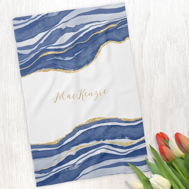 Blue Marble Agate Gold Glitter Personalised Tea Towel (Blue agate marble watercolor personalized name kitchen towel)