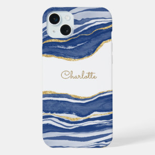 Blue Marble Agate Gold Glitter Personalized iPhone 15 Plus Case