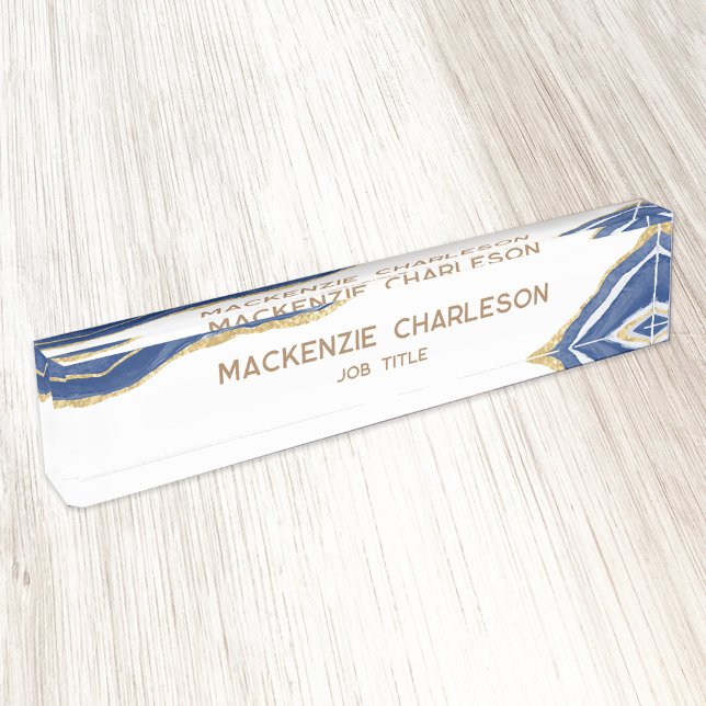 Blue Marble Agate Gold Glitter Professional Nameplate (Blue, gold and white personalized custom text agate marble watercolor professional desk name plate)