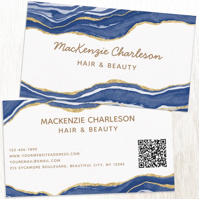 Blue Marble Agate Gold Glitter QR Code Business Card (Navy blue and white watercolor agate marble custom business card with QR code)