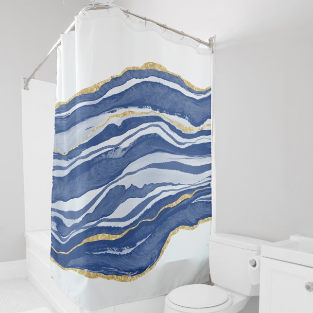 Blue Marble Agate Gold Glitter Shower Curtain (Blue, white and gold marble agate watercolor art shower curtain)