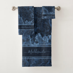 Blue Marble Agate Script Minimal Simple Chic Bath  Towel Set