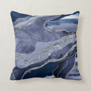 Blue Marble Agate Silver Glitter Glam #1  Cushion