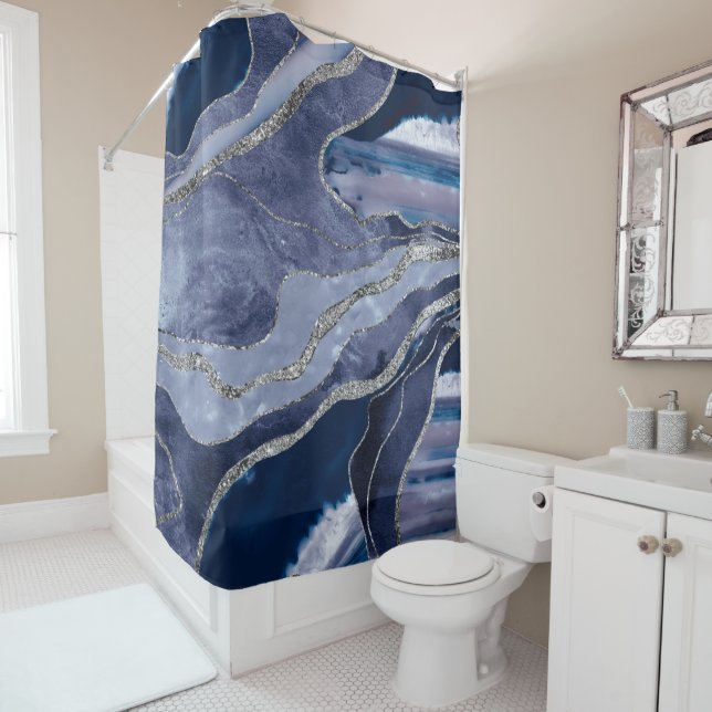 Blue Marble Agate Silver Glitter Glam #1  Shower Curtain (In Situ)