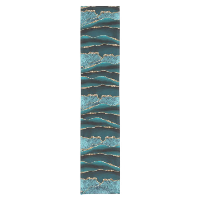 BLUE MARBLE AGATE SILVER GLITTER GLAM SHORT TABLE RUNNER (Front)